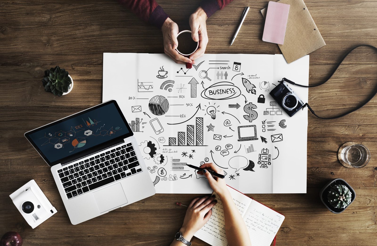 Map lying on wooden table Digital marketing